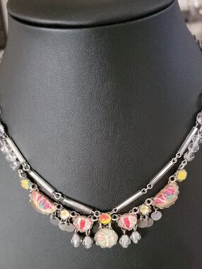 Ayala Bar Silver-Tone Floral Bead Statement Necklace in Pink and Yellow